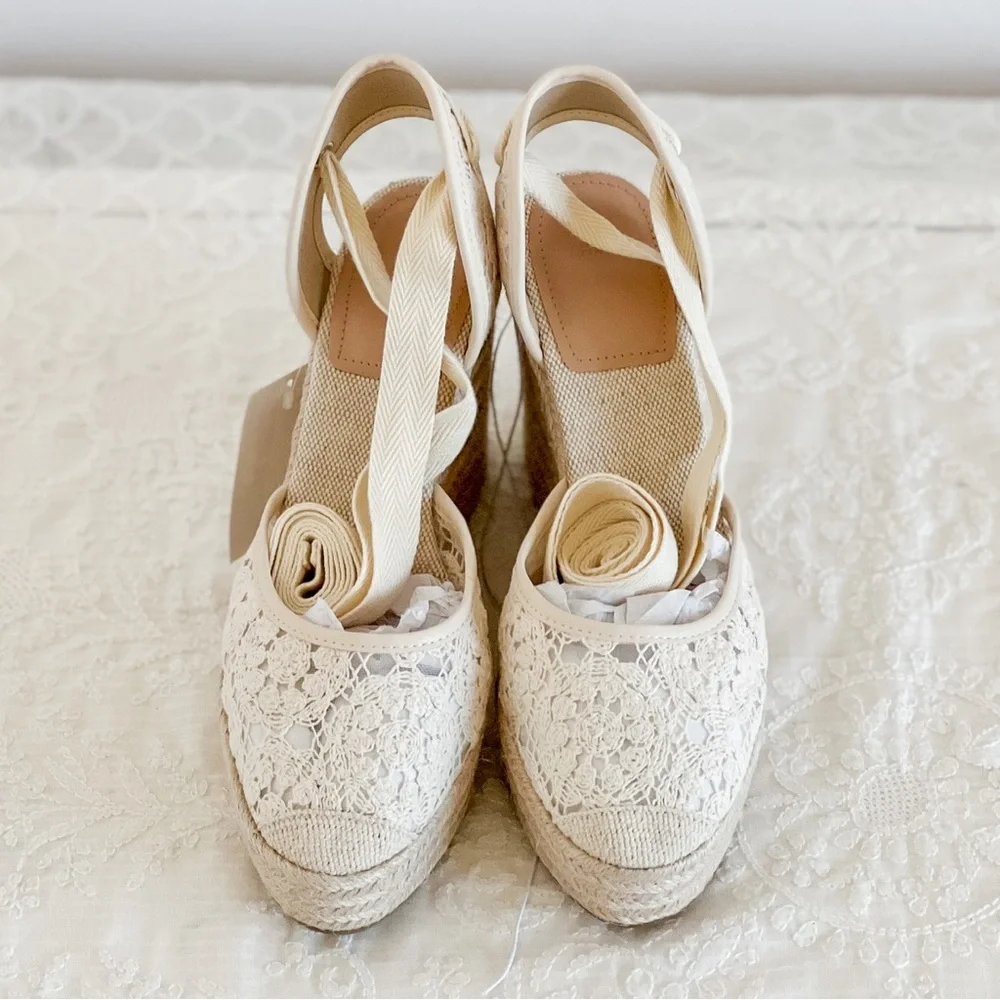 H&M Wedge Espadrille Sandals Ivory Lace Heels Size 11